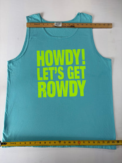 Comfort Colors "Howdy! Let's Get Rowdy" Tank Top – Aqua Blue Neon Graphic – Size Large