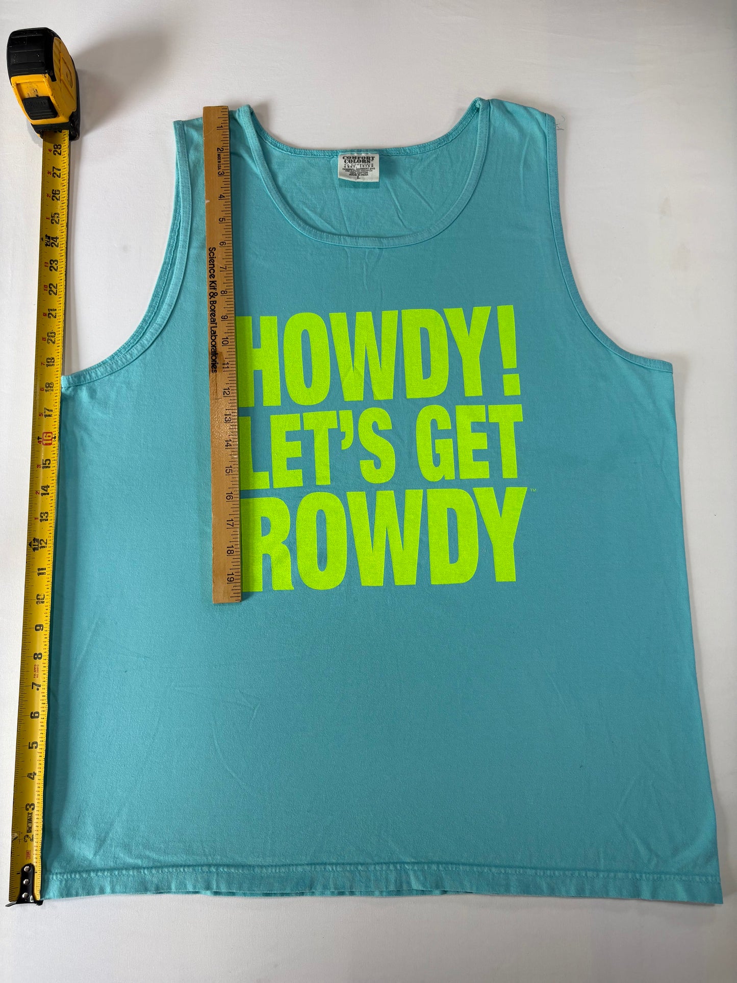 Comfort Colors "Howdy! Let's Get Rowdy" Tank Top – Aqua Blue Neon Graphic – Size Large
