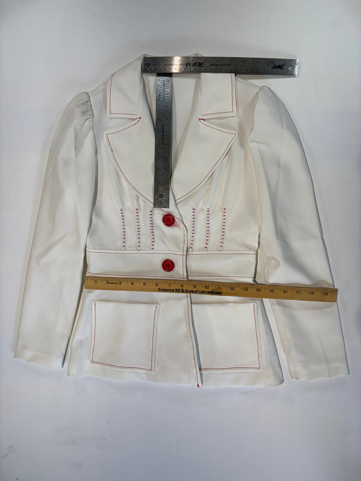 ivory white tailored blazer with red buttons
